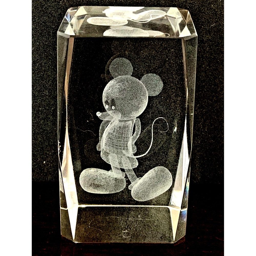 Disney Mickey Mouse 3D Laser Etched Crystal Glass Paperweight Block‎ Prism